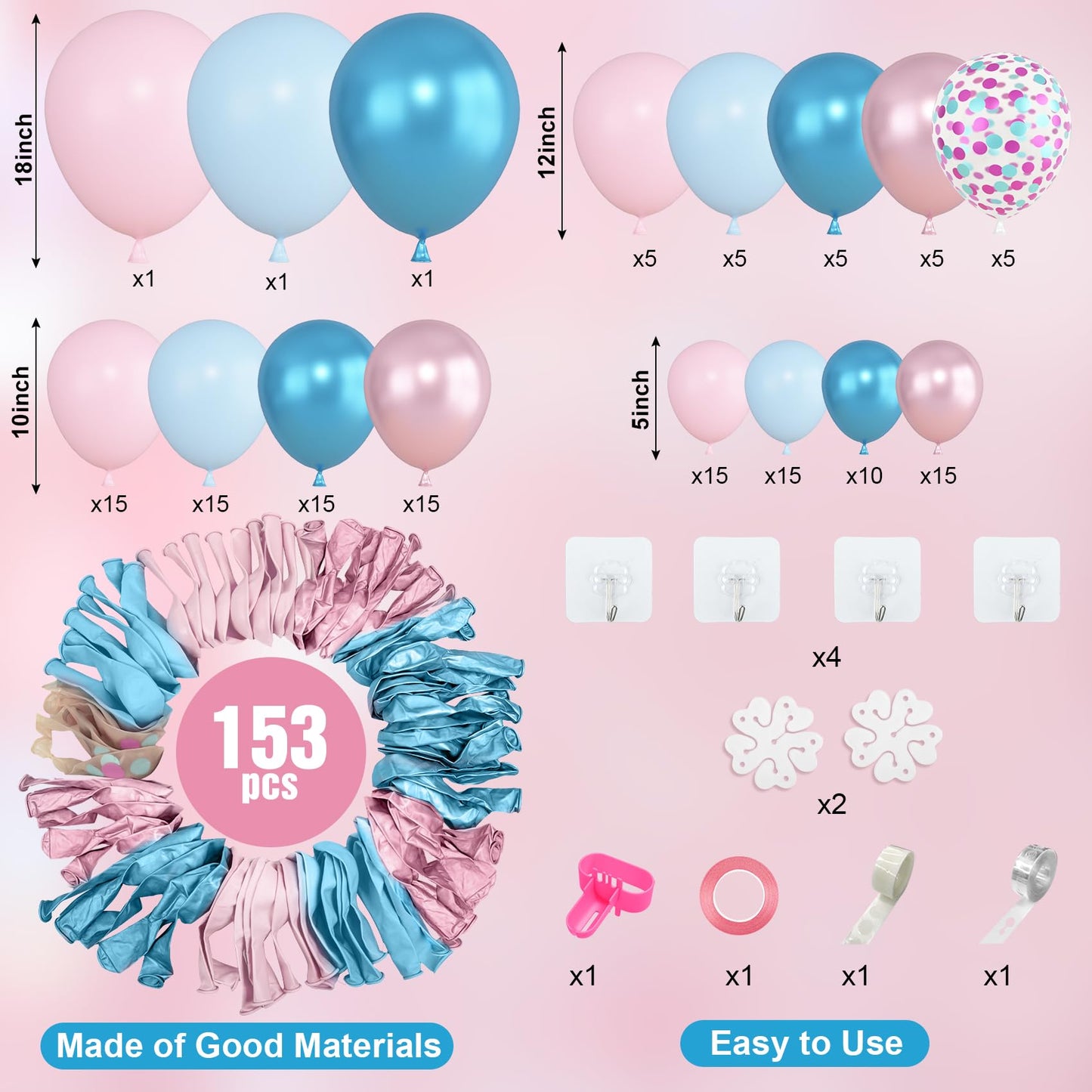 Amandir 153pcs Pink & Blue Balloon Arch Kit — Gender Reveal & Party Decor
