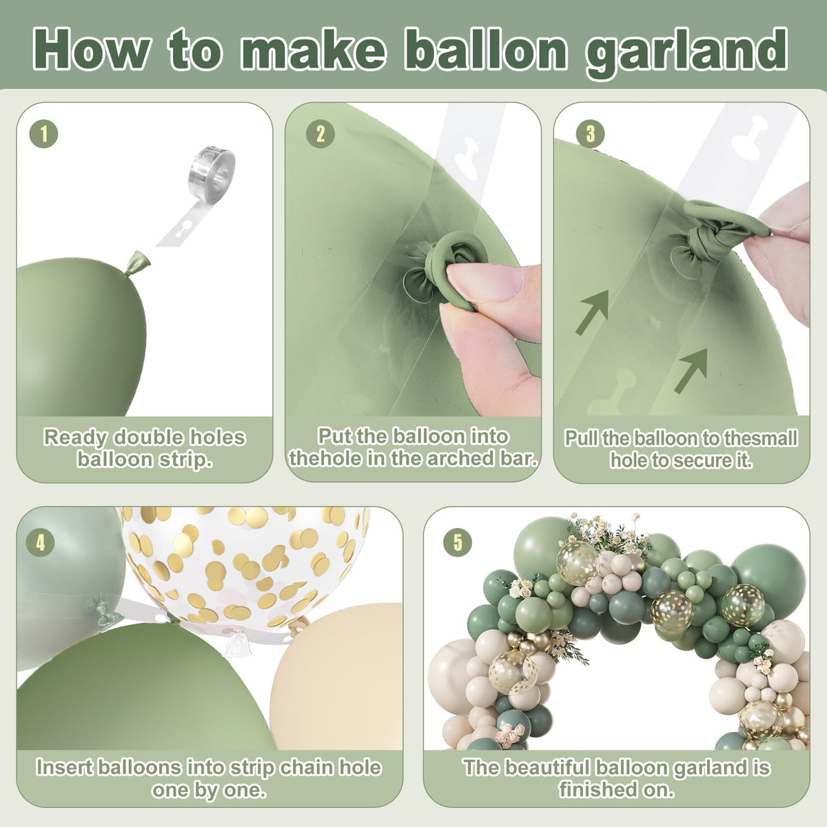 Amandir 173Pcs Dusty Green Balloon Arch Kit – Sage, Olive, White & Gold