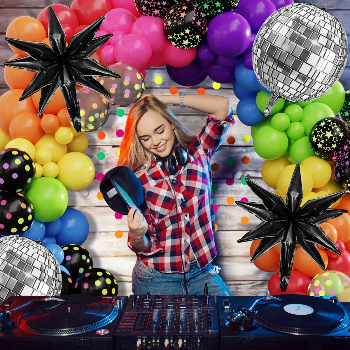 AMANDIR Glow in the Dark Party Decorations – 80s Disco Rainbow Balloon Arch Kit