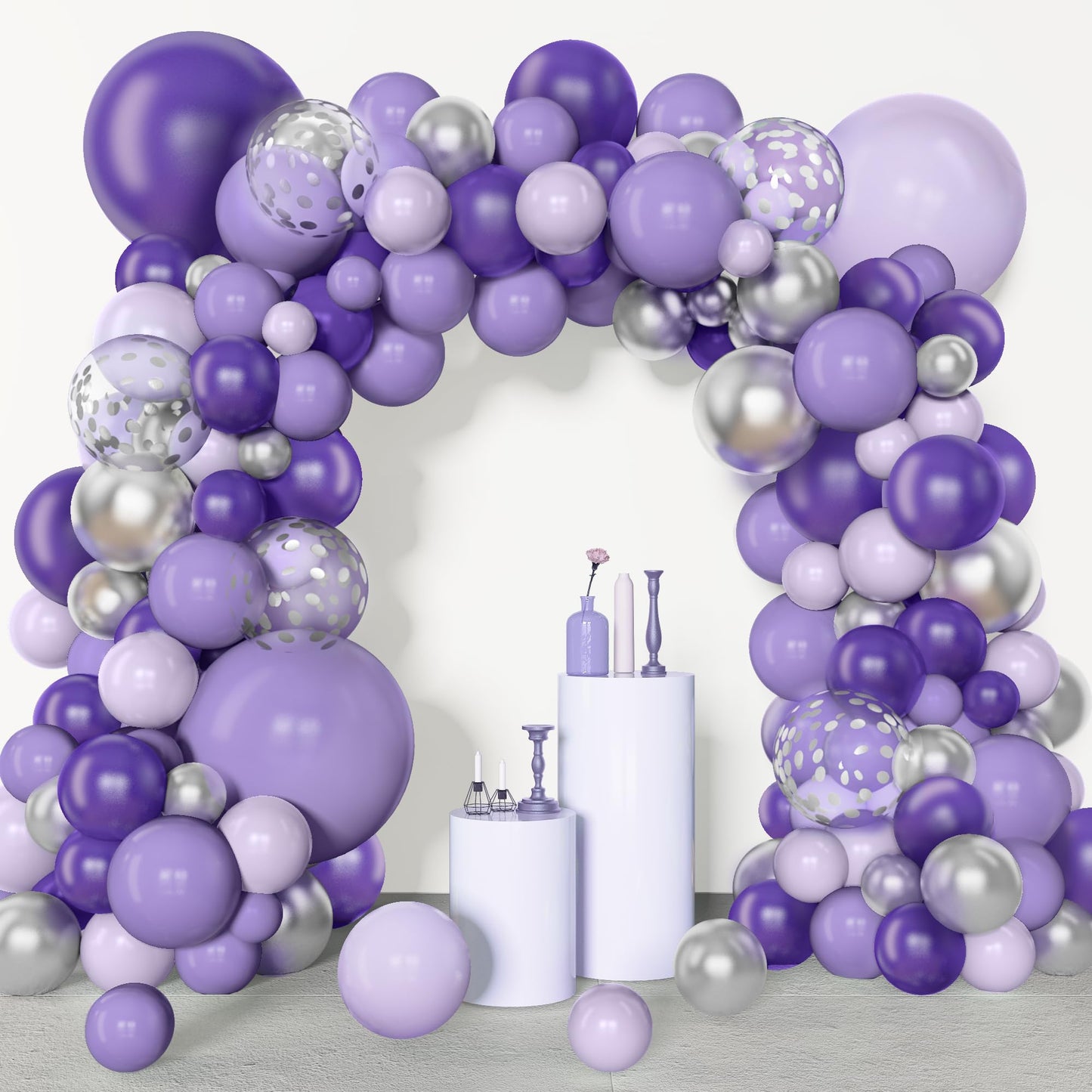 Amandir 153pcs Purple Balloon Garland Arch Kit – Lavender, Metallic Silver & Confetti Balloons for Parties