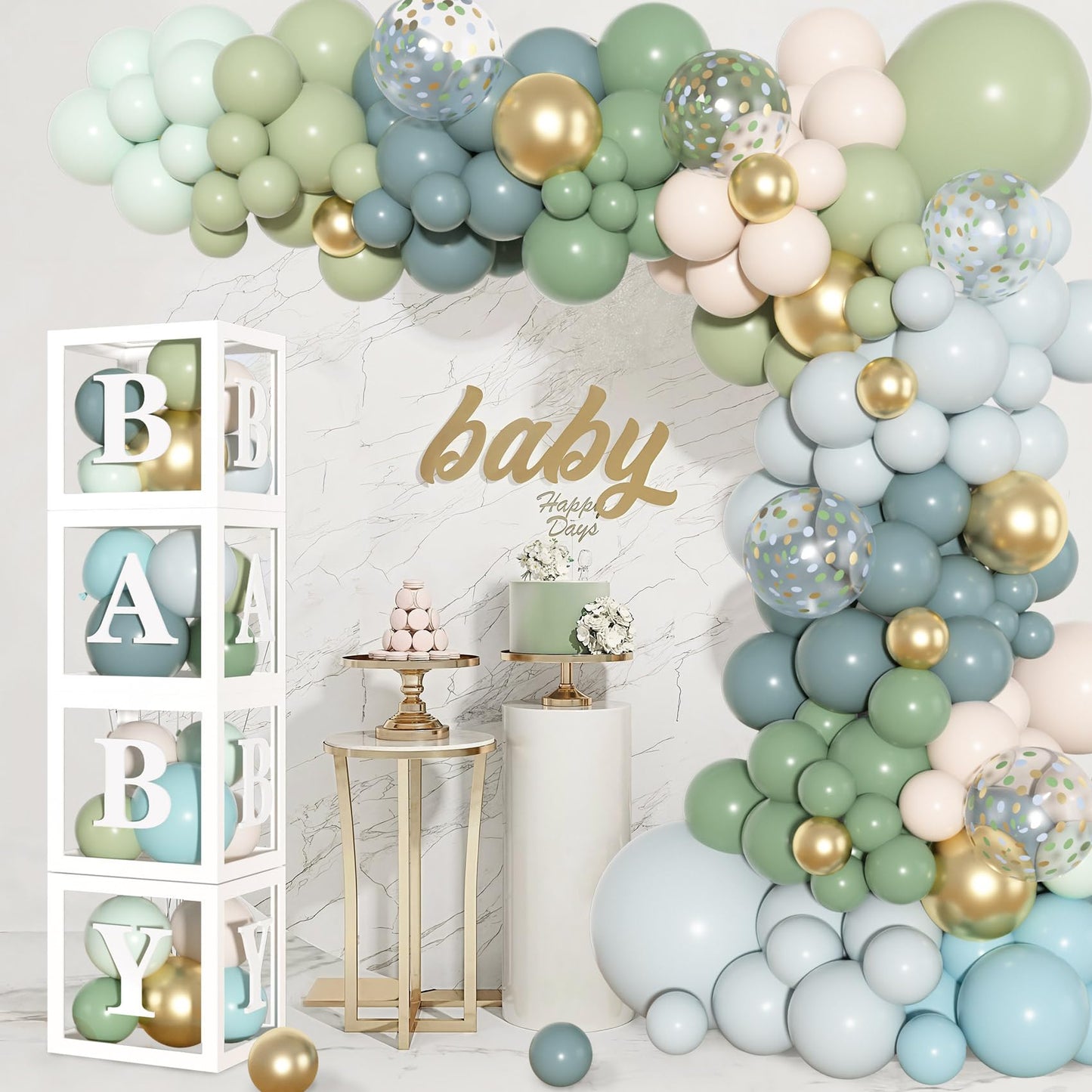 Amandir 153Pcs Dusty Blue & Green Balloon Arch Kit – Baby Shower Decor (A-Z + Baby Letters)