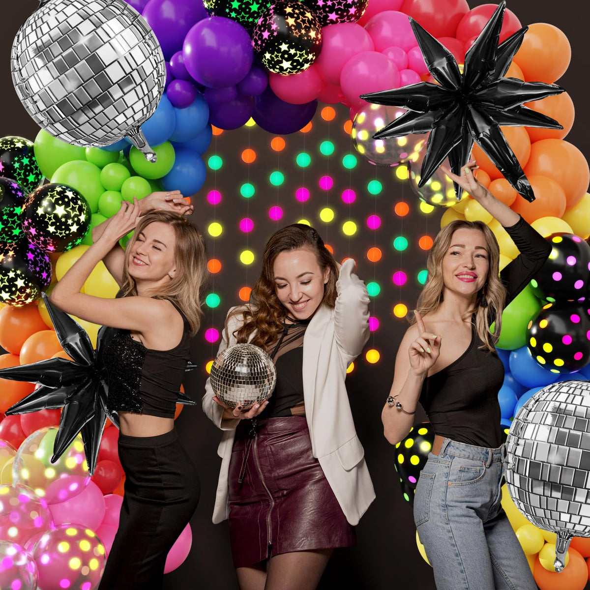 AMANDIR Glow in the Dark Party Decorations – 80s Disco Rainbow Balloon Arch Kit
