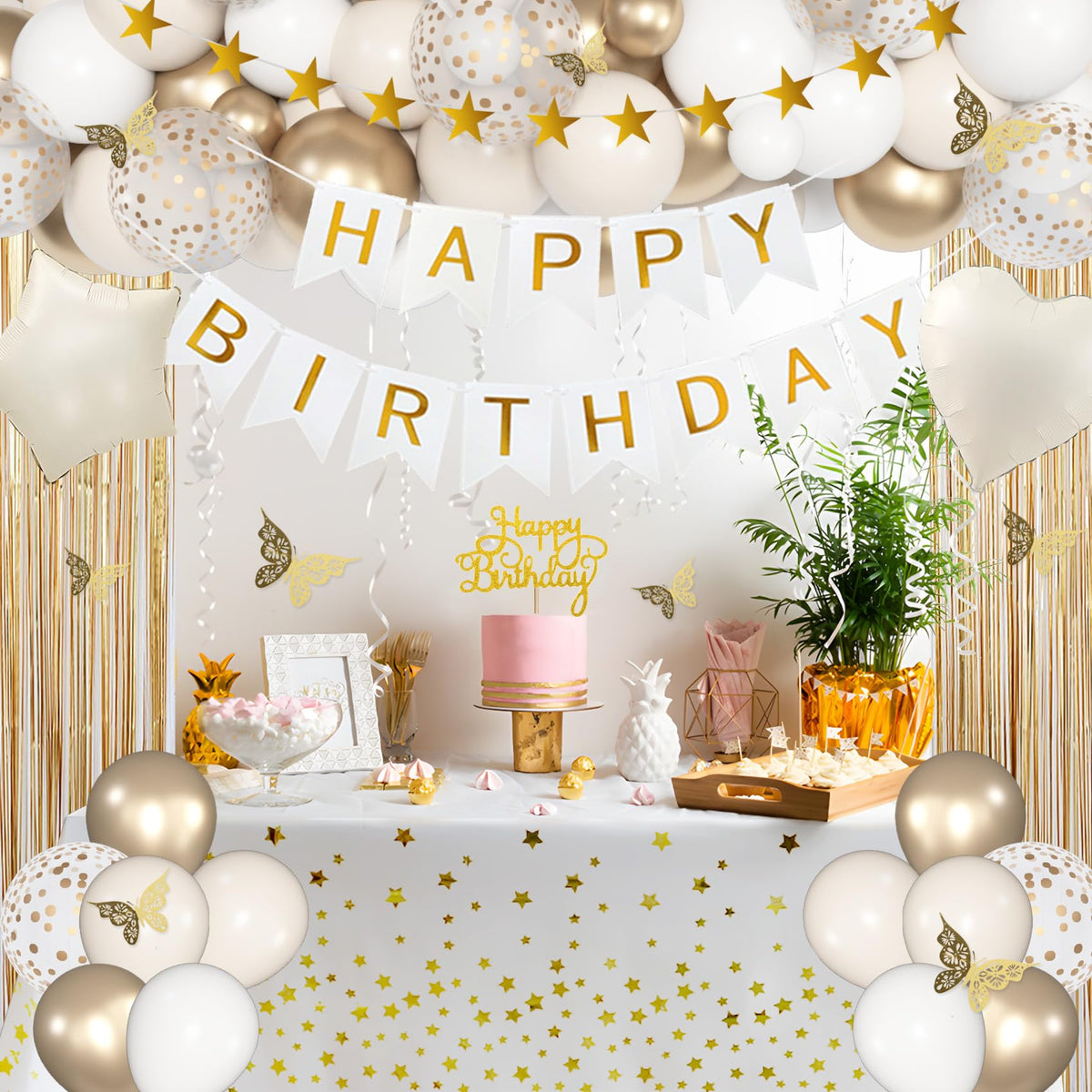 Amandir Birthday Decorations for Women — White & Gold Balloon Kit & Boho Party Supplies