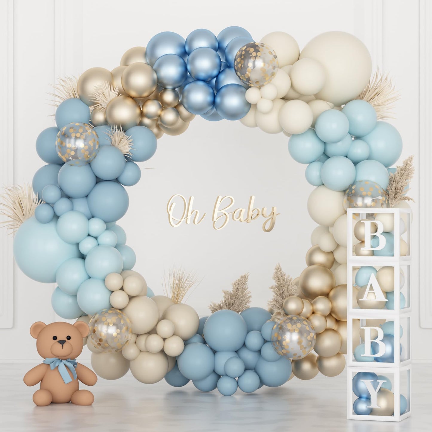 Amandir 153pcs Dusty Blue Balloon Arch Kit for Boho Baby Shower – A-Z + Baby Letters