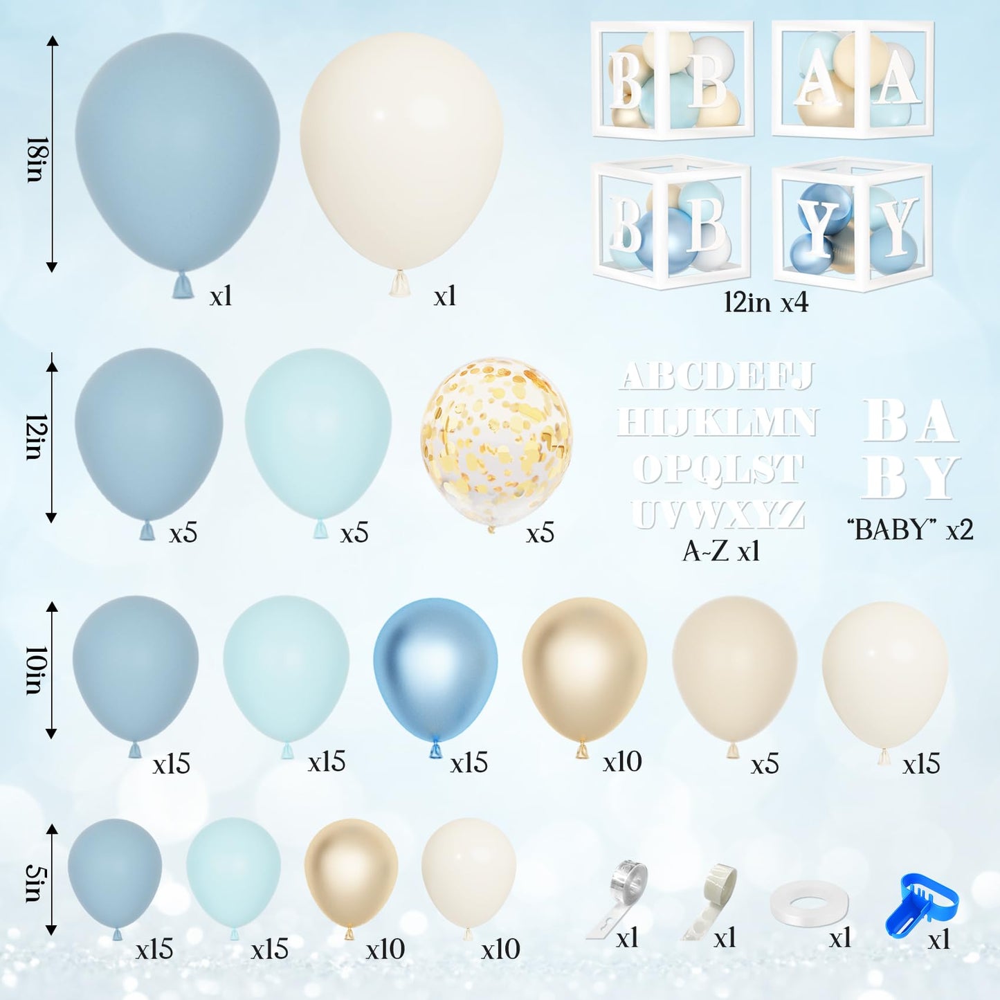Amandir 153pcs Dusty Blue Balloon Arch Kit for Boho Baby Shower – A-Z + Baby Letters