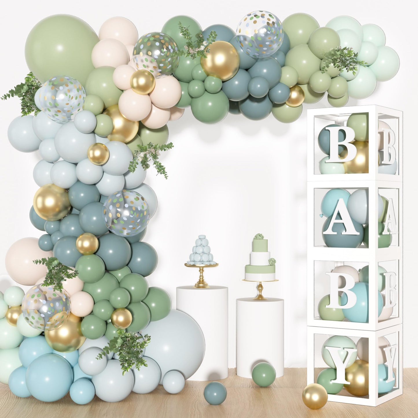 Amandir 153Pcs Dusty Blue & Green Balloon Arch Kit – Baby Shower Decor (A-Z + Baby Letters)
