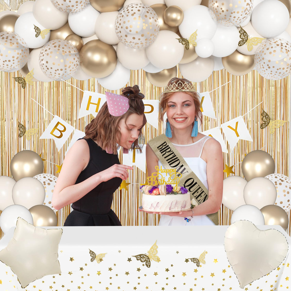 Amandir Birthday Decorations for Women — White & Gold Balloon Kit & Boho Party Supplies
