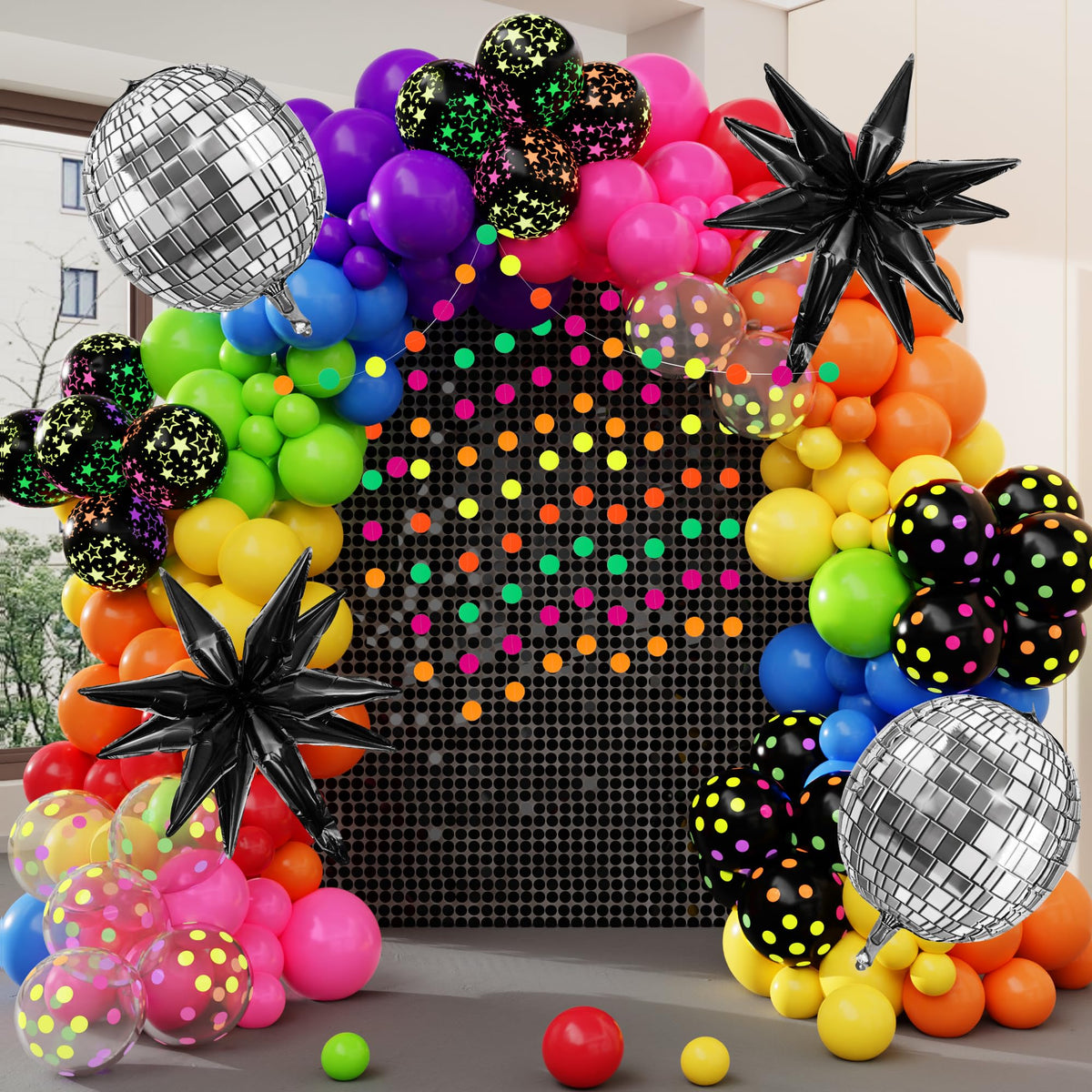 AMANDIR Glow in the Dark Party Decorations – 80s Disco Rainbow Balloon Arch Kit