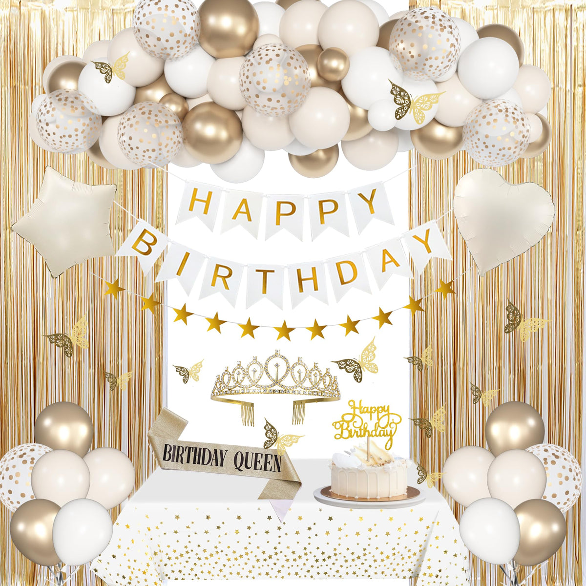 Amandir Birthday Decorations for Women — White & Gold Balloon Kit & Boho Party Supplies