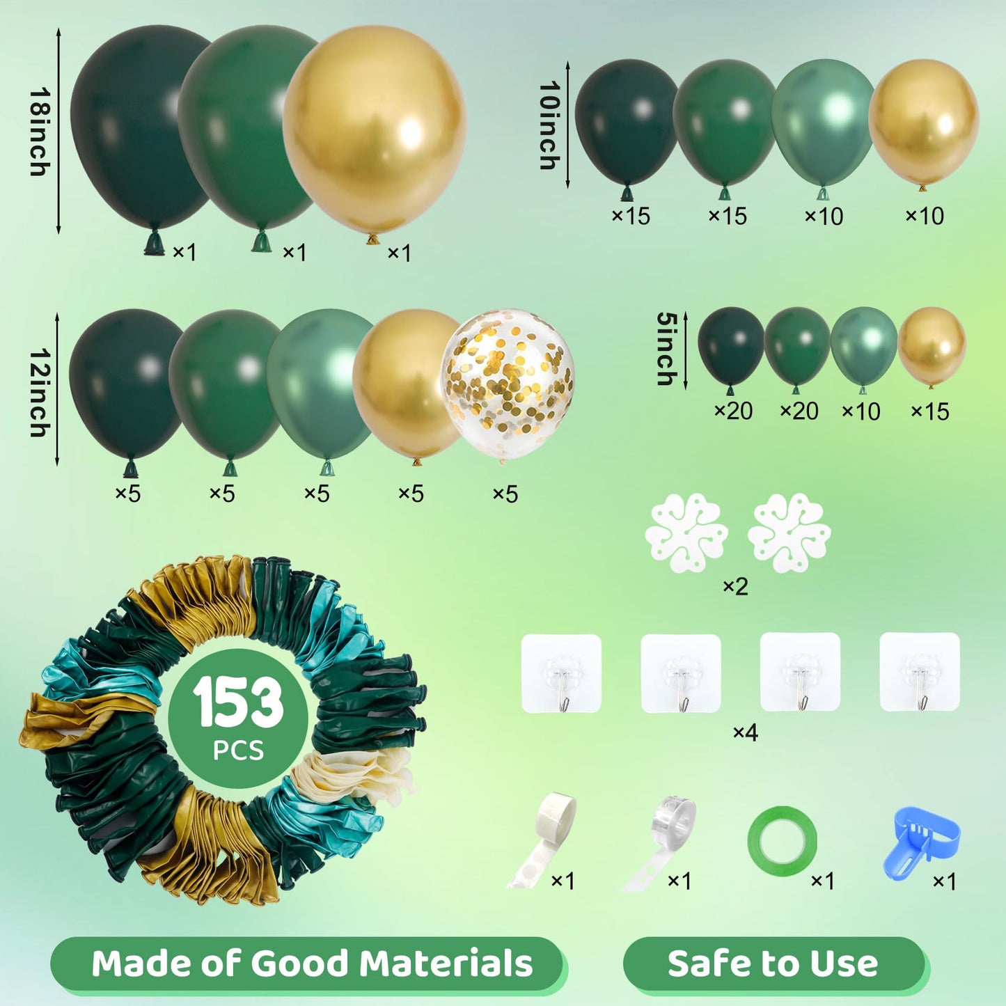 Amandir 153pcs Green and Gold Balloon Arch Kit | Graduation Birthday Safari Party Decor