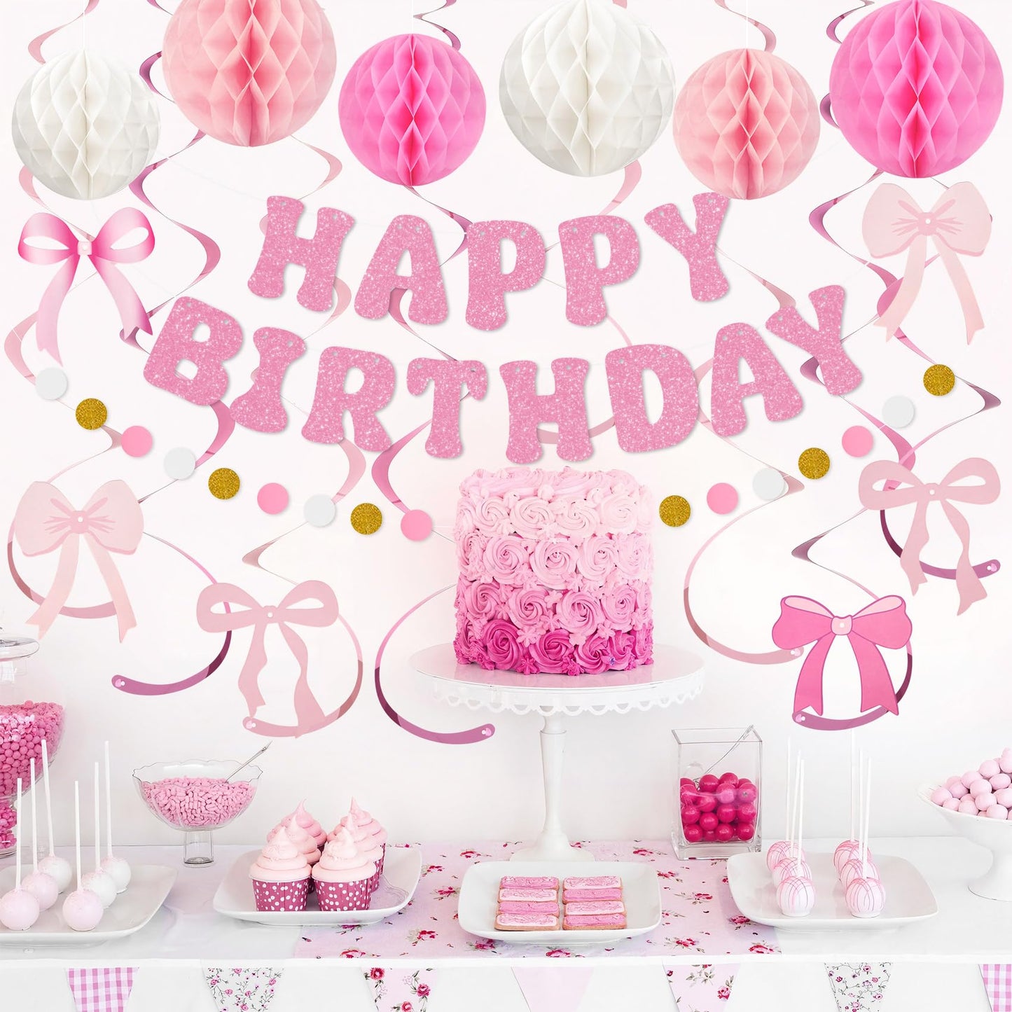 Amandir Pink Birthday Decorations Set – Glitter Banner, Honeycomb Balls, Bow Cutouts, Swirls & Garland for Girls & Women