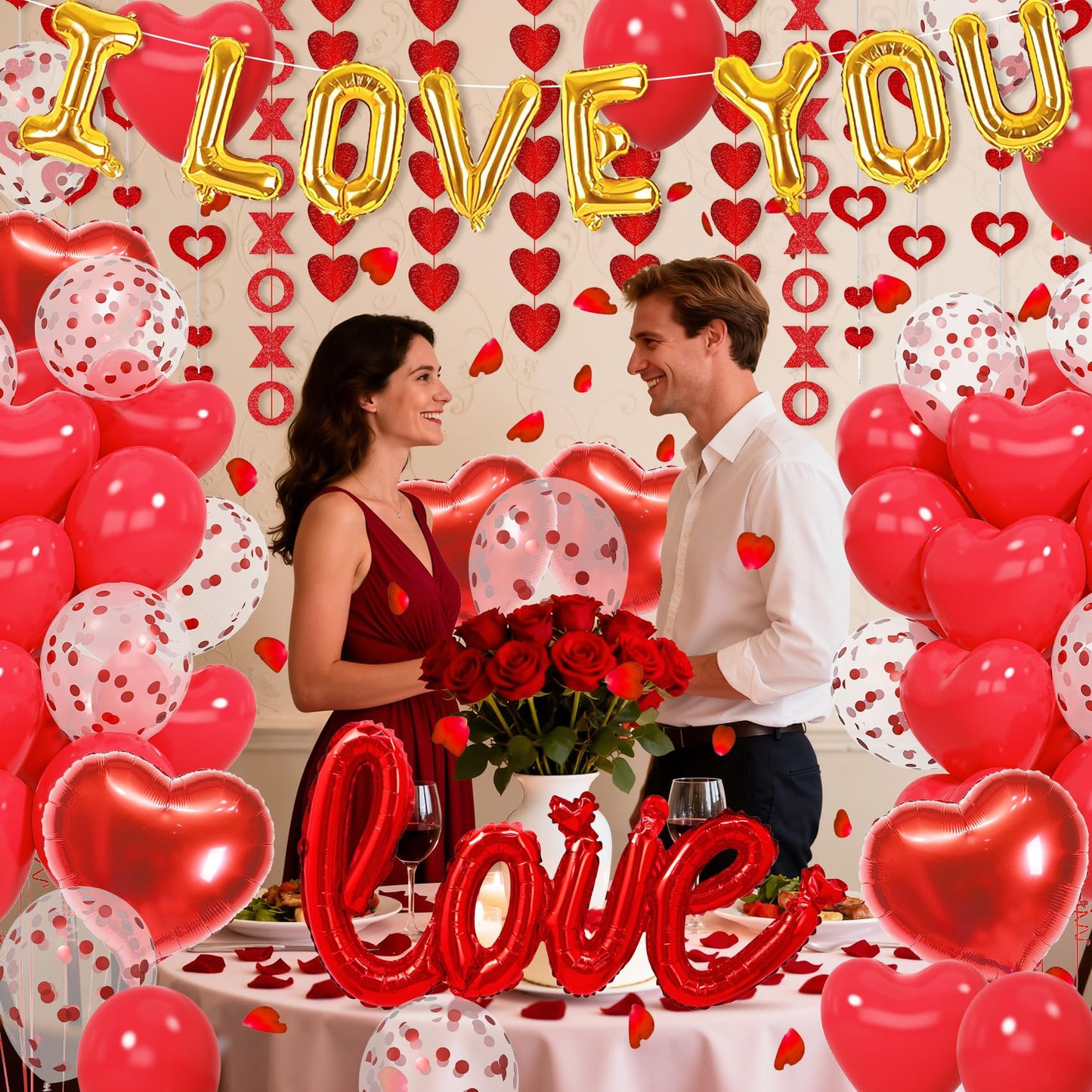 Amandir 114Pcs Red Valentines Day Decor Set – I Love You Banner, Heart Balloons, Rose Petals & Garlands