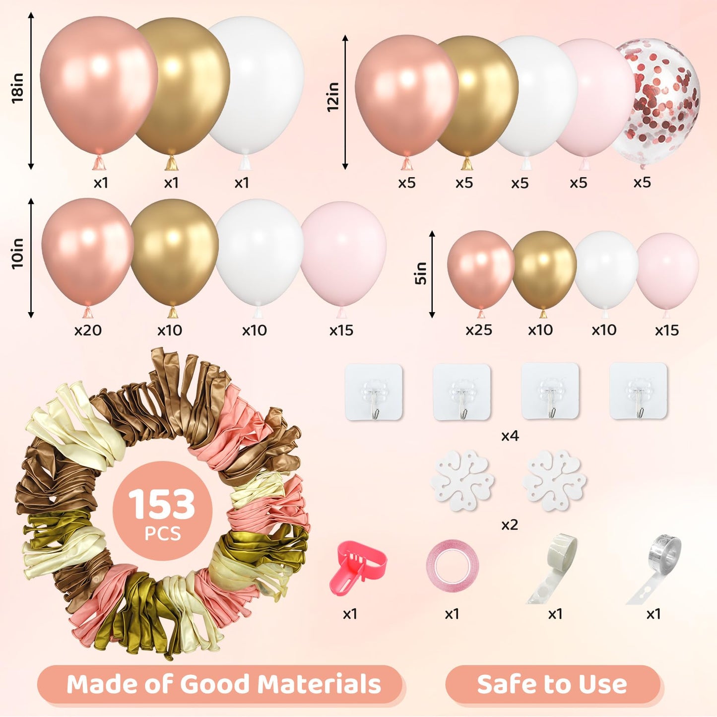 Amandir 153pcs Rose Gold Balloon Garland Arch Kit – 18/12/10/5 Inch Pink White Gold