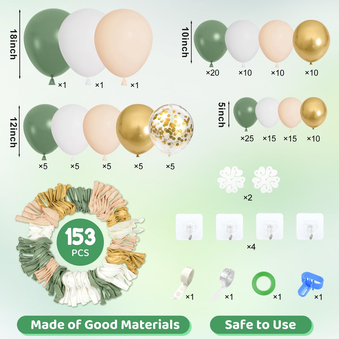 AMANDIR 153-Piece Sage Green Balloon Garland Arch Kit – 18/12/10/5 Inch