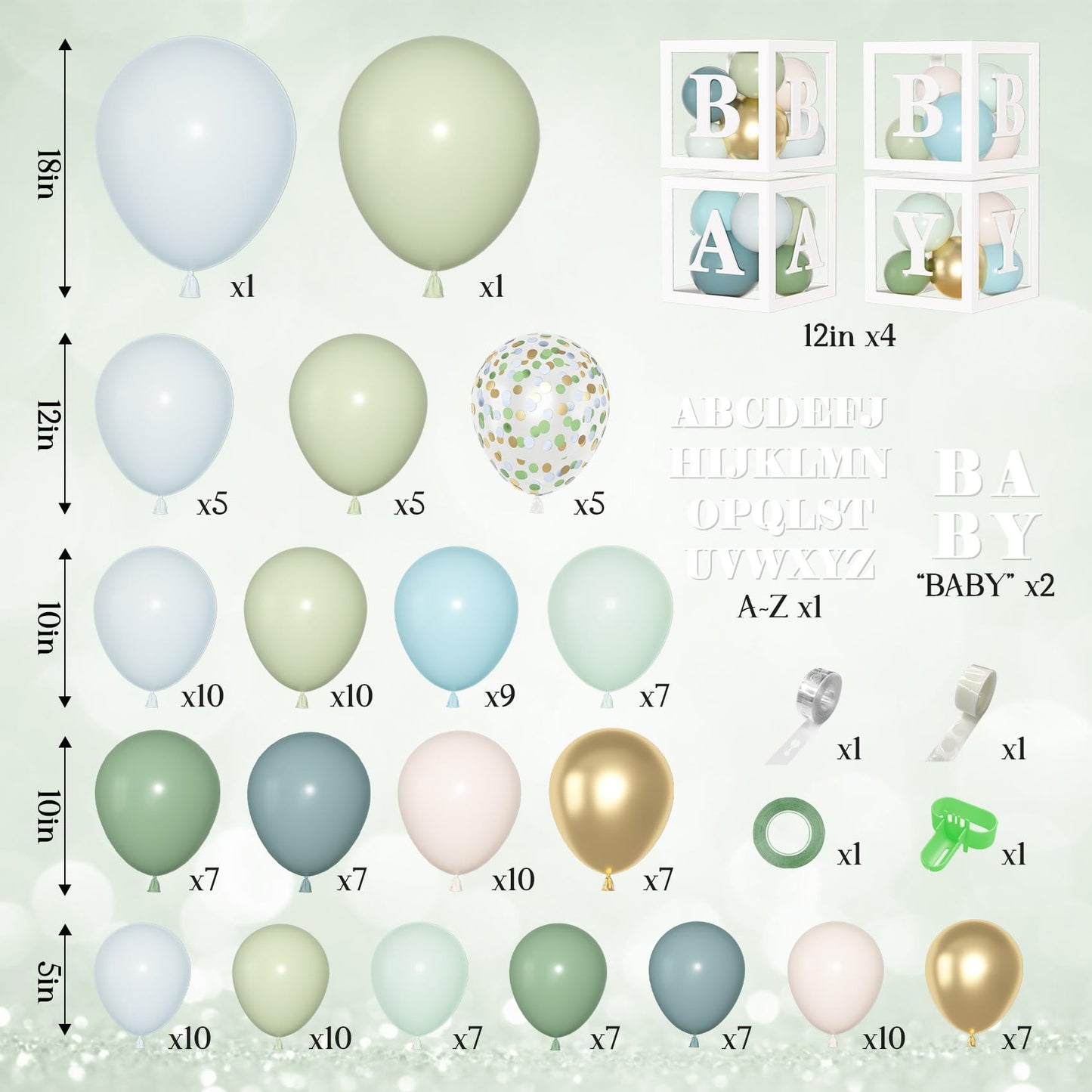 Amandir 153Pcs Dusty Blue & Green Balloon Arch Kit – Baby Shower Decor (A-Z + Baby Letters)