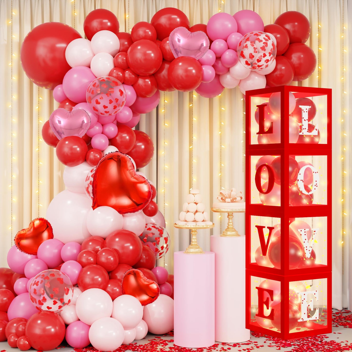 Amandir 148pc Valentines Day Decorations Kit – Red Balloons, Arch Garland, Lights, Love Boxes