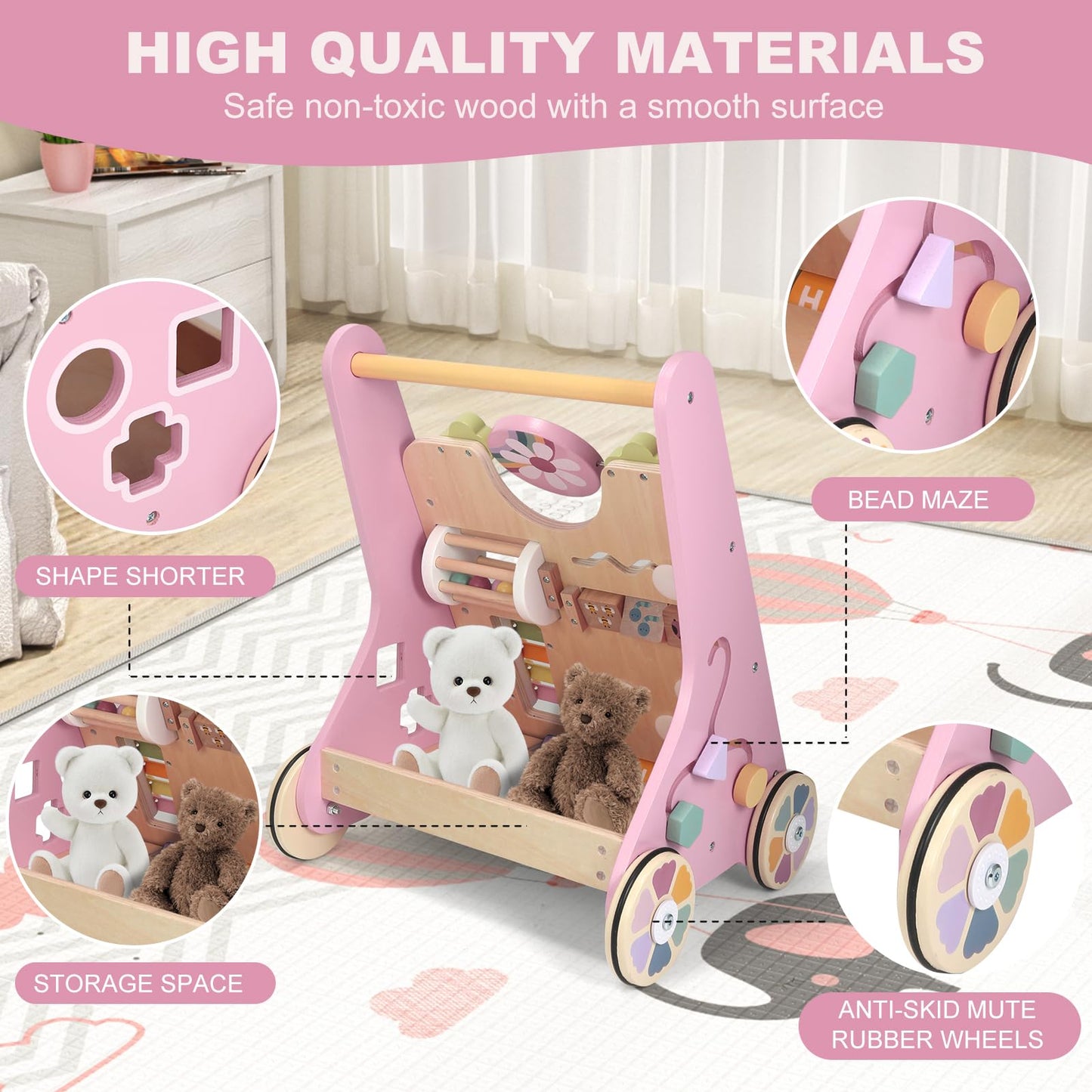 AmazingJoy Wooden Baby Walker with Wheels – Montessori Push Toy for 10+ Months