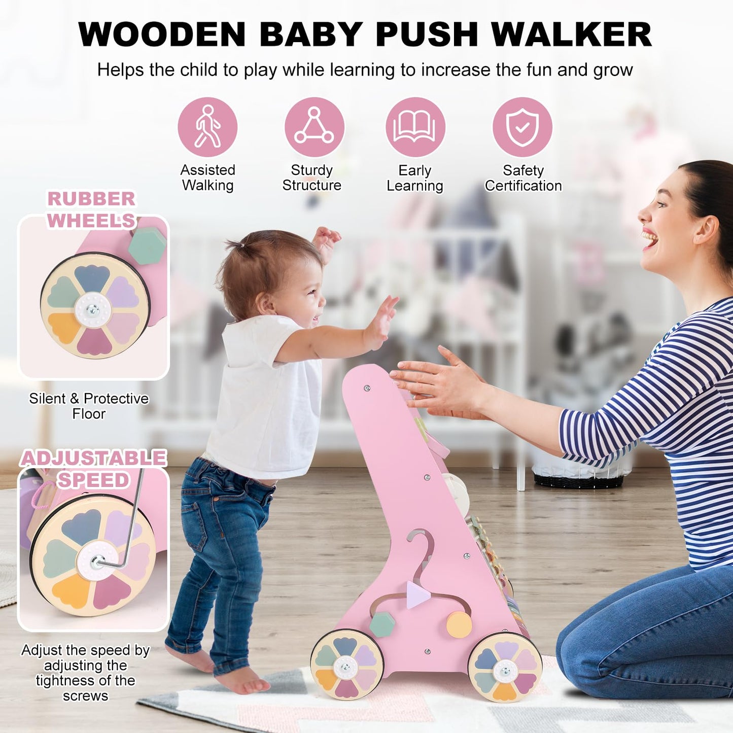 AmazingJoy Wooden Baby Walker with Wheels – Montessori Push Toy for 10+ Months