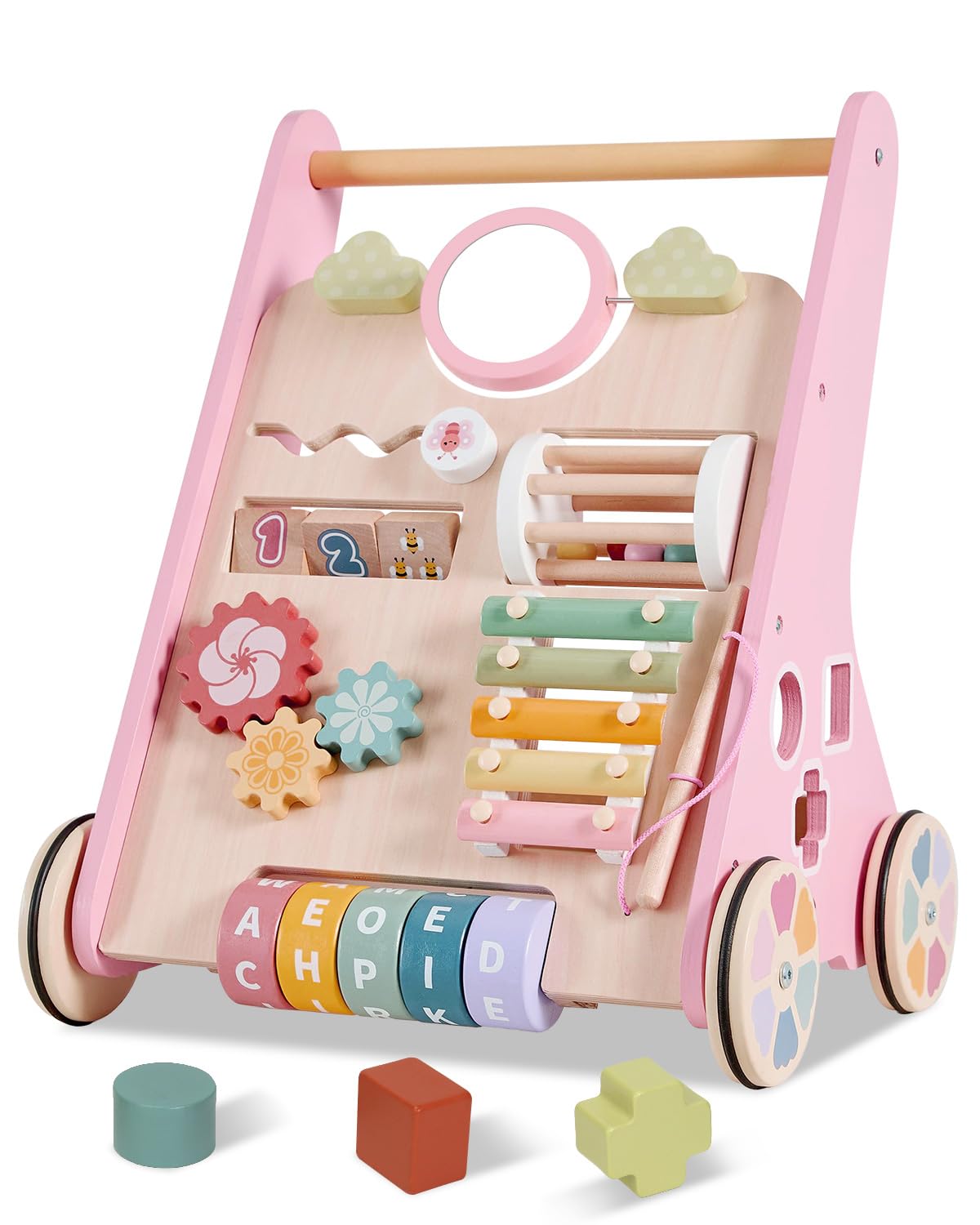 AmazingJoy Wooden Baby Walker with Wheels – Montessori Push Toy for 10+ Months