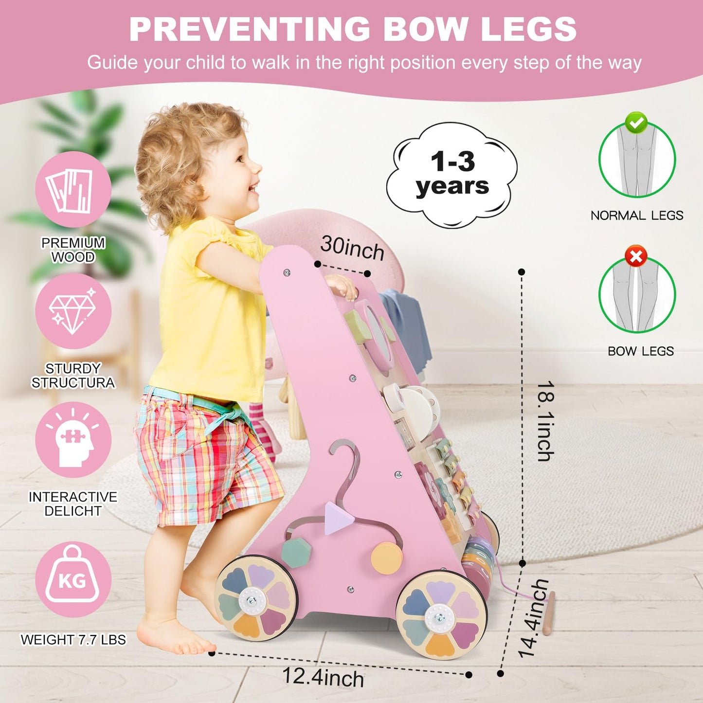 AmazingJoy Wooden Baby Walker with Wheels – Montessori Push Toy for 10+ Months