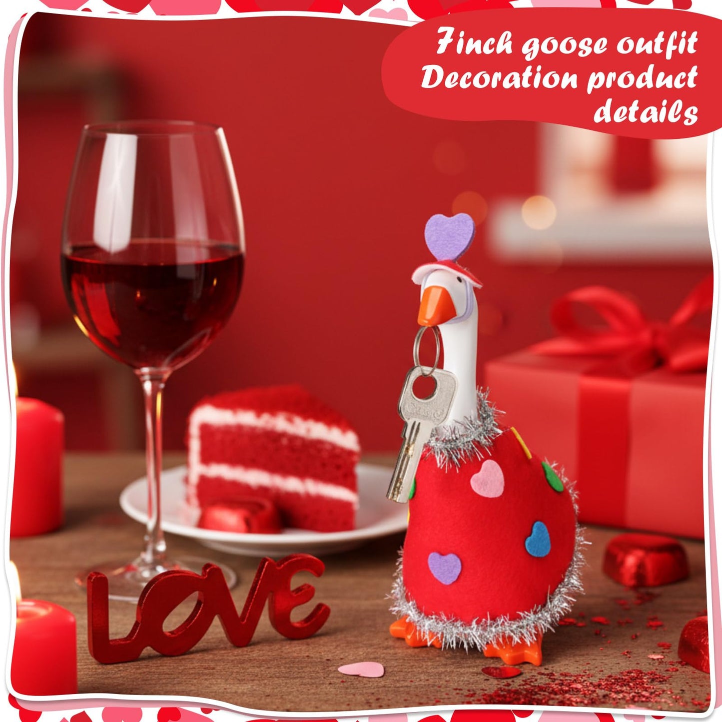 AmazingSpark Valentine's Day Mini Desk Goose Outfit – 7-Inch Magnetic Goose Statue Key Holder (Red, Mini Heart)