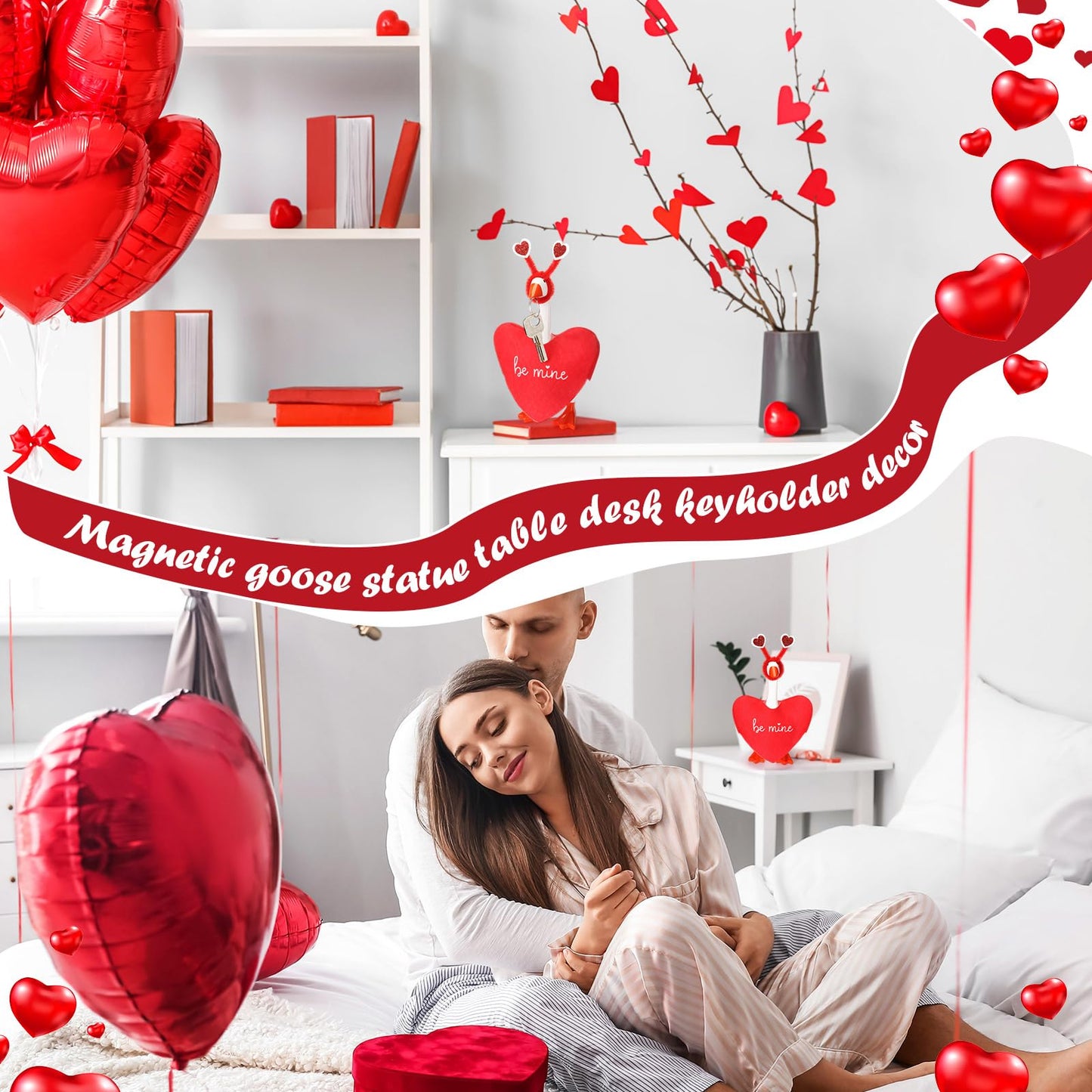 AmazingSpark 7-Inch Valentine's Day Mini Desk Goose Outfit – Red Heart, Magnetic Key Holder Decor