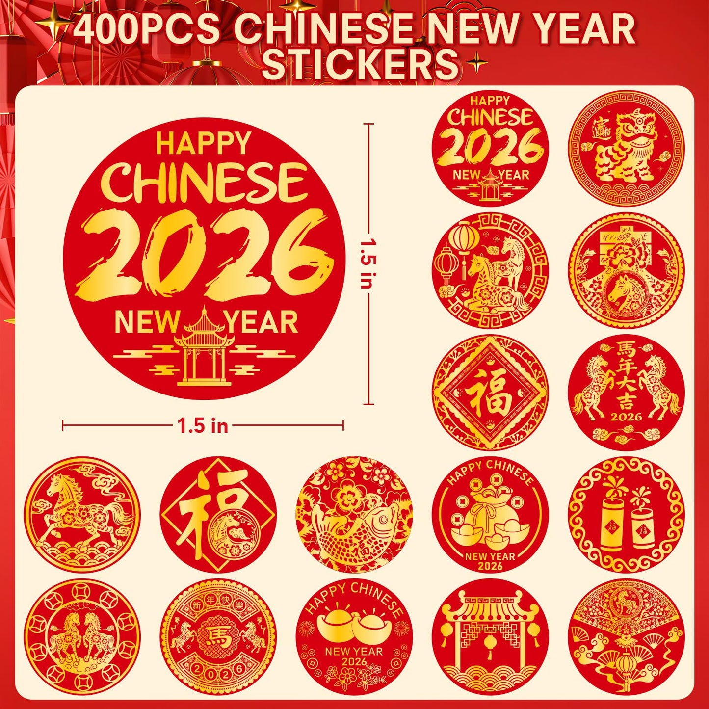 AMCEMIC 400Pcs Chinese New Year Stickers 2026 – Year of the Horse Round Labels 1.5-Inch