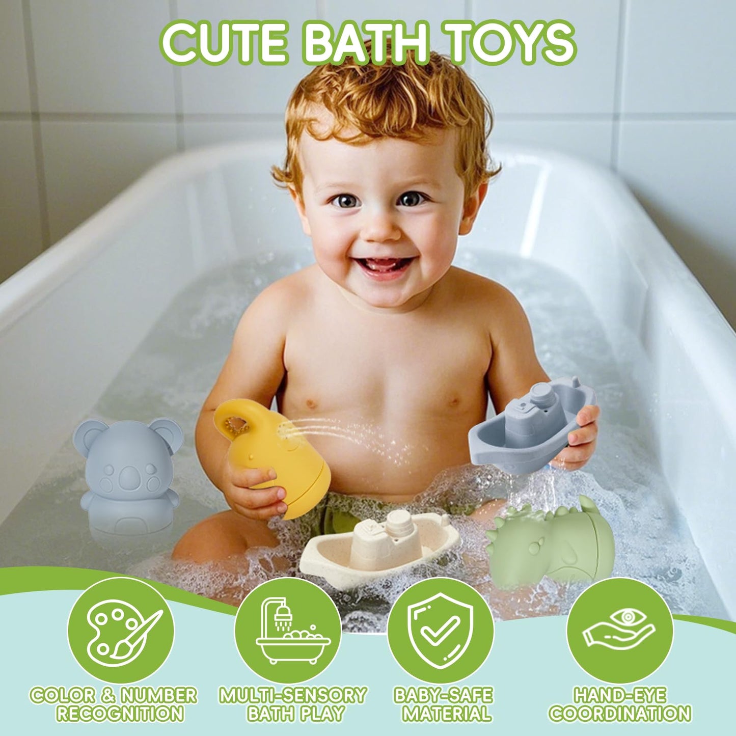 AMCHSURI Baby Bath Toys 9PCS Mold-Free – Safe Silicone & Plastic Bath Toys for Babies 6-12 Months & Toddlers 1-3