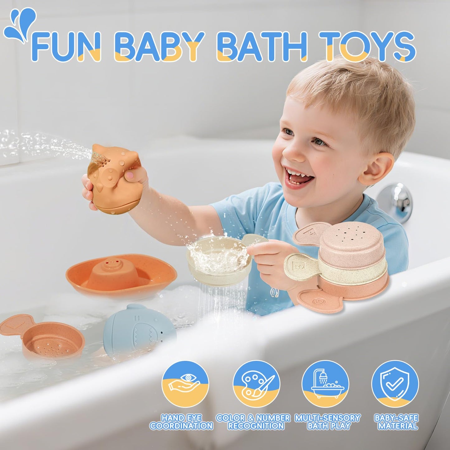 AMCHSURI Baby Bath Toys 16 Pack – Easy-Clean Silicone & Squeezable Toys for Babies 6-12 Months | Mold-Free Bath Toys for Toddlers 2-4