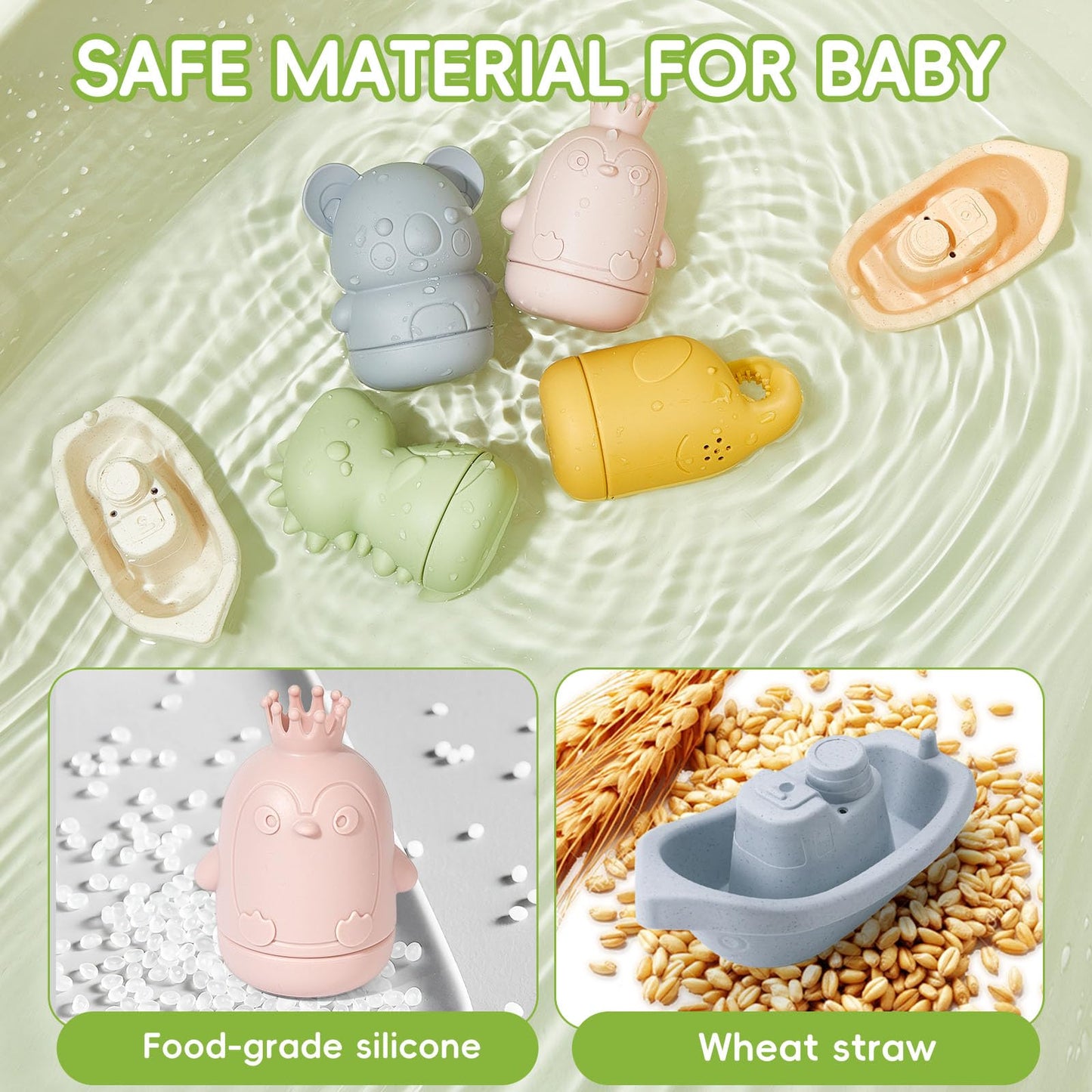 AMCHSURI Baby Bath Toys 9PCS Mold-Free – Safe Silicone & Plastic Bath Toys for Babies 6-12 Months & Toddlers 1-3