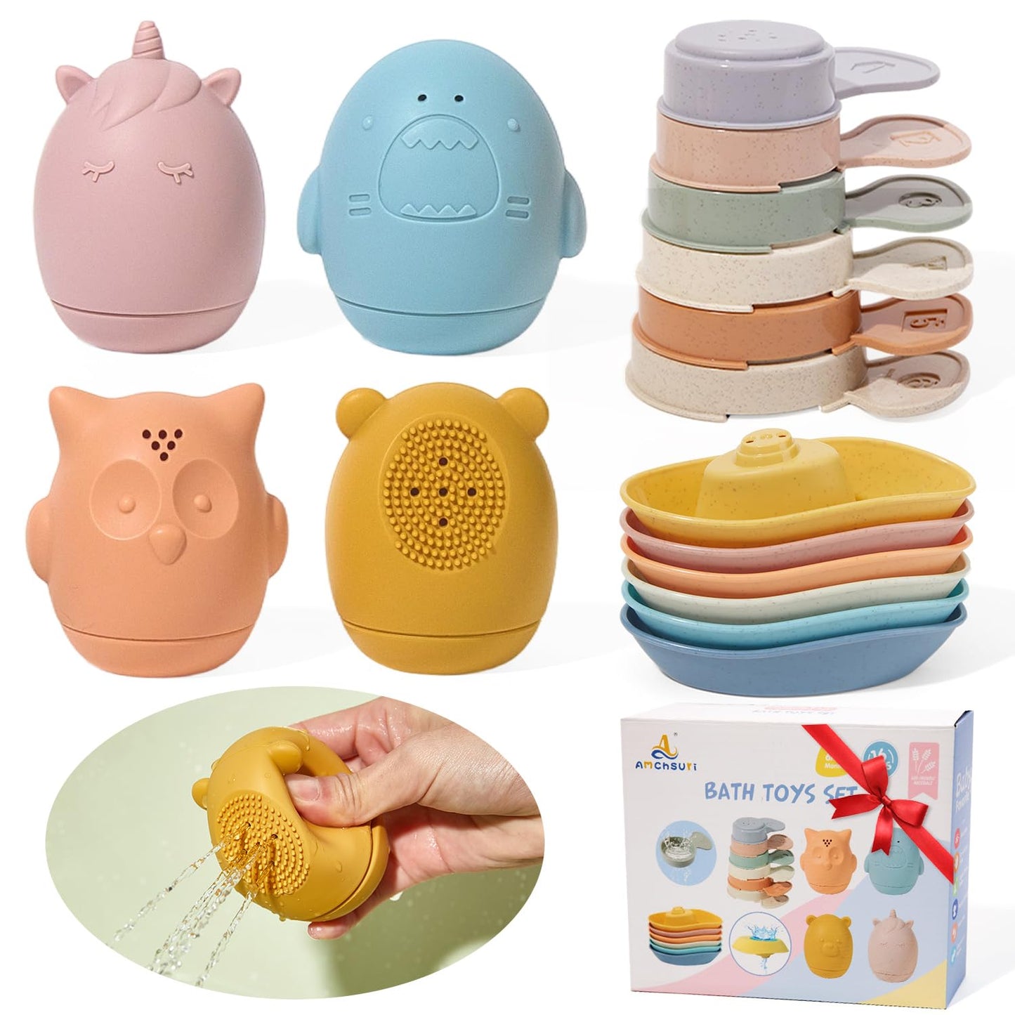 AMCHSURI Baby Bath Toys 16 Pack – Easy-Clean Silicone & Squeezable Toys for Babies 6-12 Months | Mold-Free Bath Toys for Toddlers 2-4