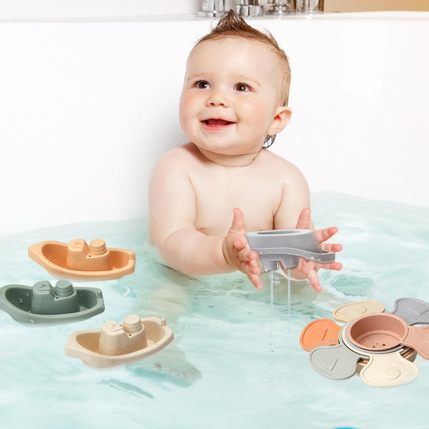 AMCHSURI Baby Bath Toys 11PCS – Mold-Free Floating Boats & Educational Spoons