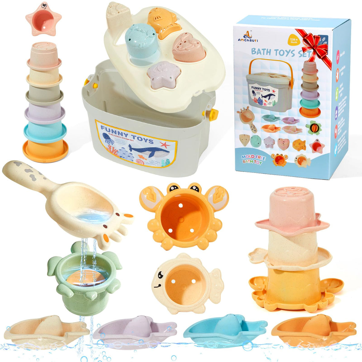 AMCHSURI Baby Bath Toys – 21Pcs Mold-Free Montessori Set with Shape Sorter & Stacking Cups