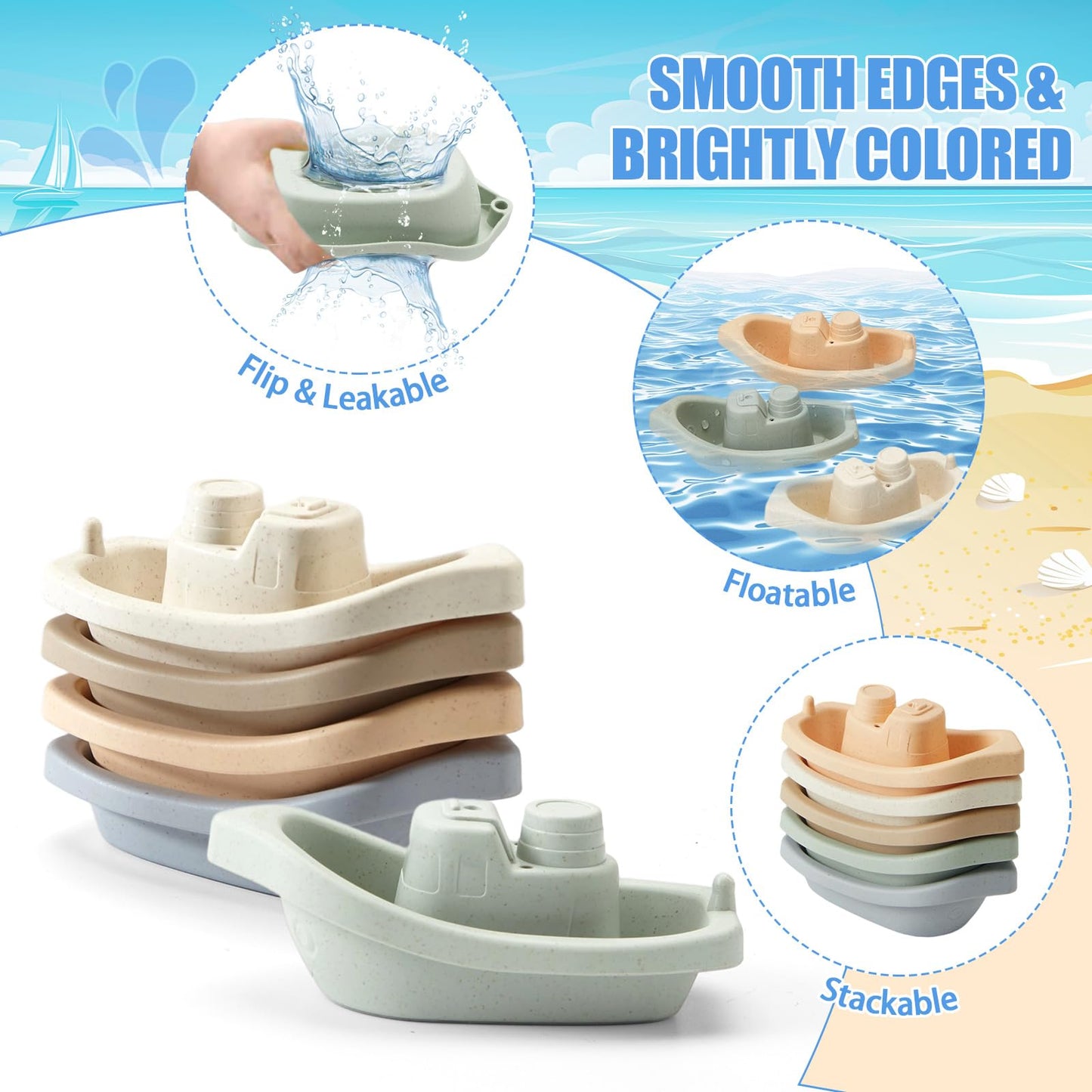 AMCHSURI Baby Bath Toys 11PCS – Mold-Free Floating Boats & Educational Spoons