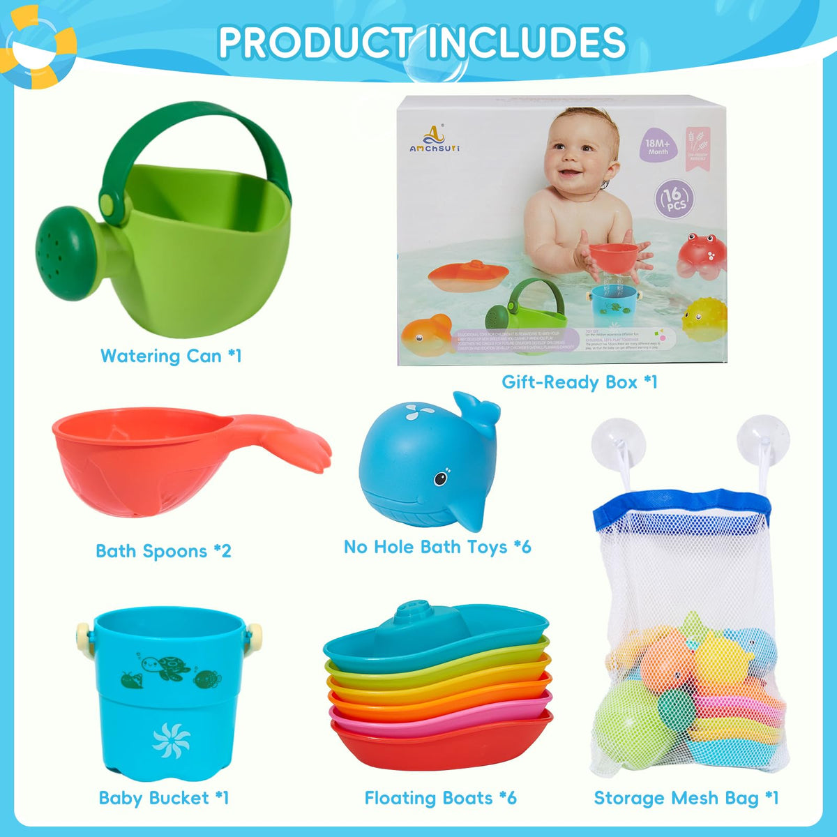 AMCHSURI 16Pcs Baby Bath Toys for Toddlers 1-3 | Mold-Resistant Bath Time Play Set