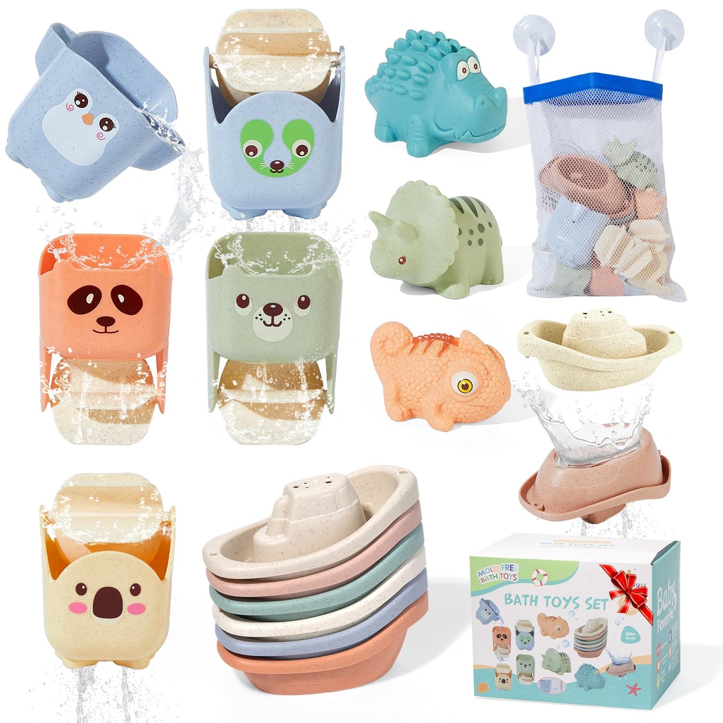 AMCHSURI 14-Piece Mold-Free Baby Bath Toys for Ages 1-3 – Floating Boats, Cups & No-Hole Design