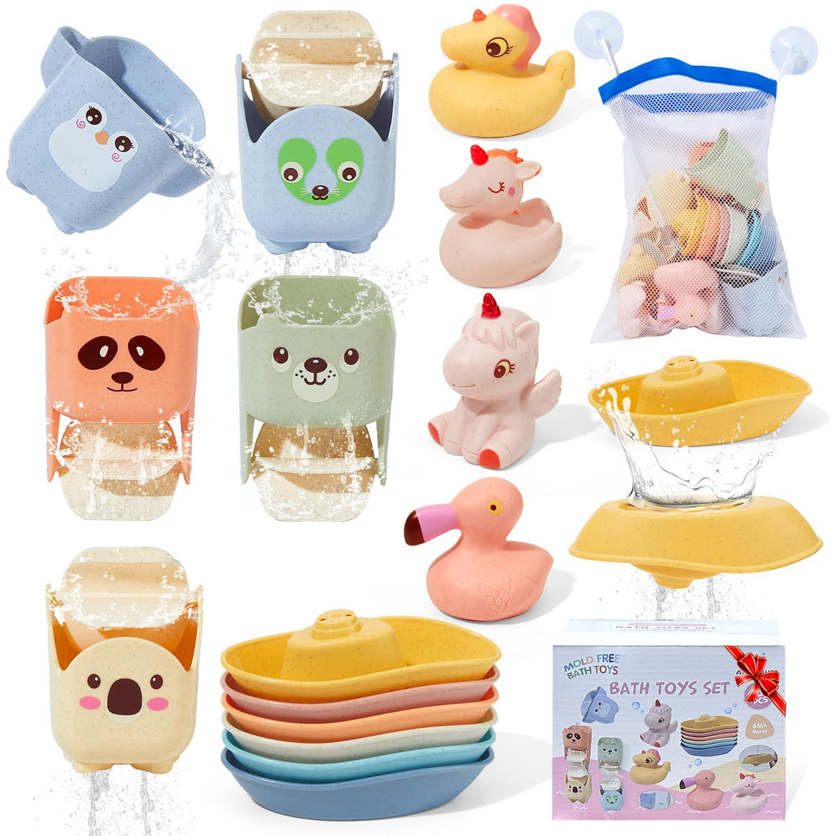 AMCHSURI Mold Free Bath Toys – 15Pcs Floating Boats, Sealed Ducks & Rotating Waterfall Cups for Toddlers