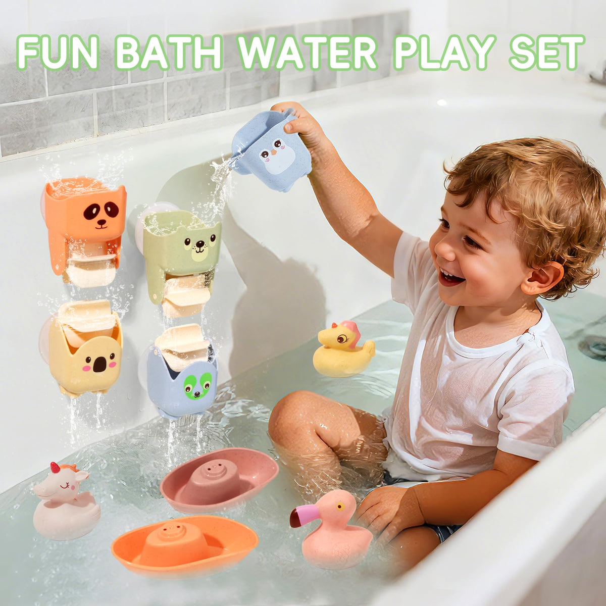 AMCHSURI Mold Free Bath Toys – 15Pcs Floating Boats, Sealed Ducks & Rotating Waterfall Cups for Toddlers