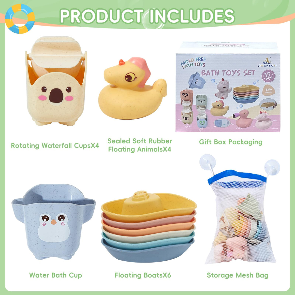 AMCHSURI Mold Free Bath Toys – 15Pcs Floating Boats, Sealed Ducks & Rotating Waterfall Cups for Toddlers