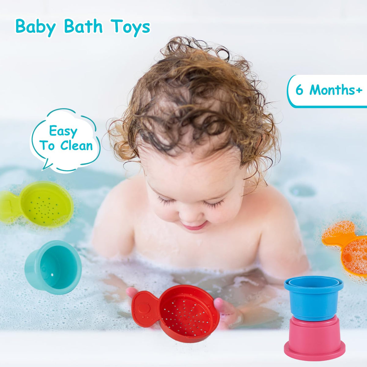 AMCHSURI Bath Toys for Babies 6-12 Months – 14-Piece Montessori Stacking Cups & Bath Spoons