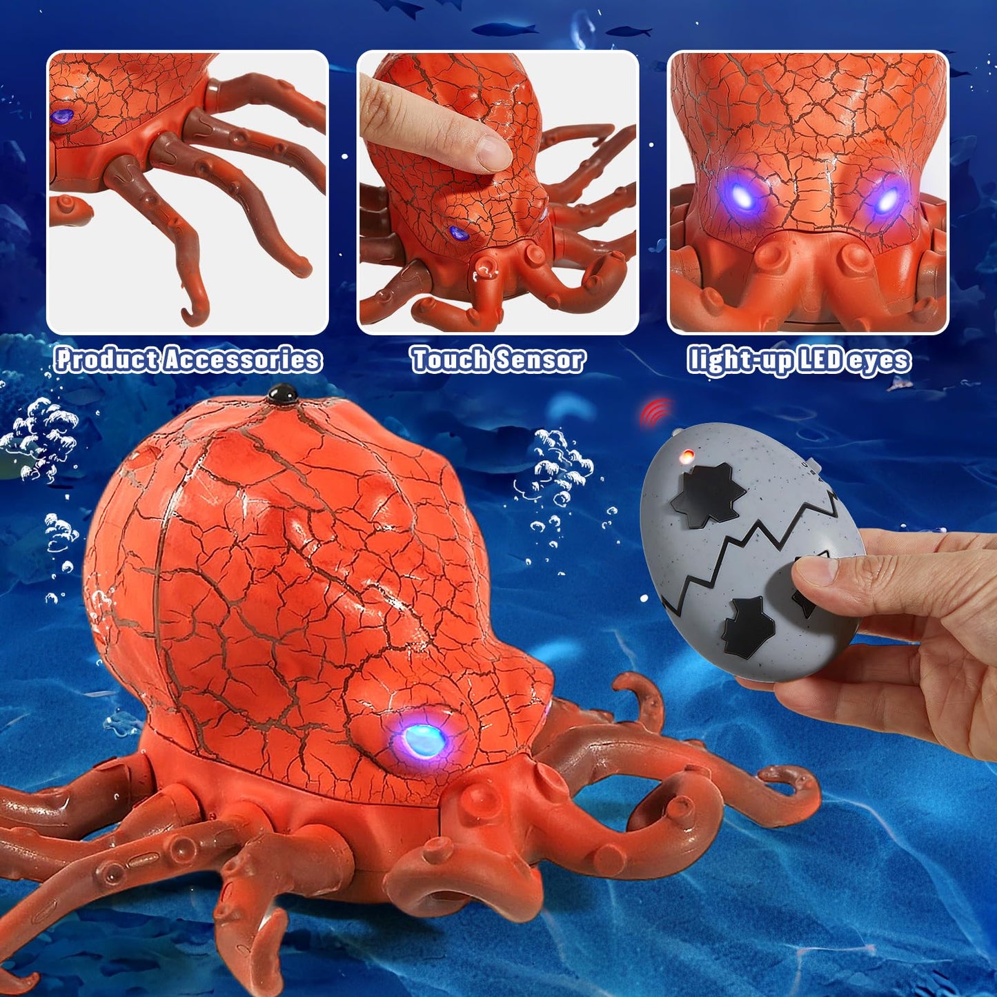 AMCHSURI Remote Control Octopus Toy with Blue LED Eyes – Realistic Crawling, 25 ft Range, Gift for Kids 6+