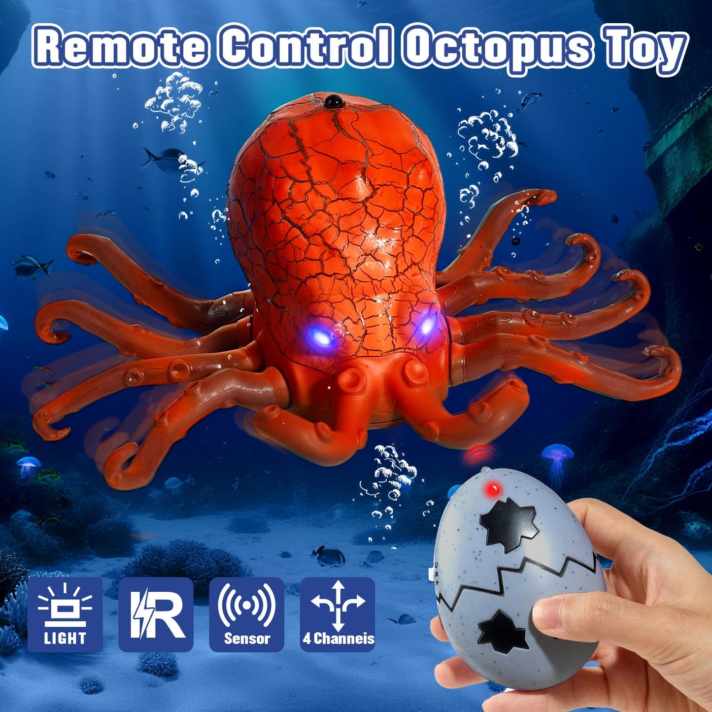 AMCHSURI Remote Control Octopus Toy with Blue LED Eyes – Realistic Crawling, 25 ft Range, Gift for Kids 6+