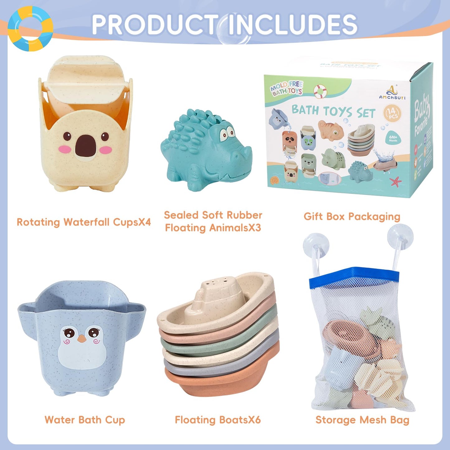 AMCHSURI 14-Piece Mold-Free Baby Bath Toys for Ages 1-3 – Floating Boats, Cups & No-Hole Design