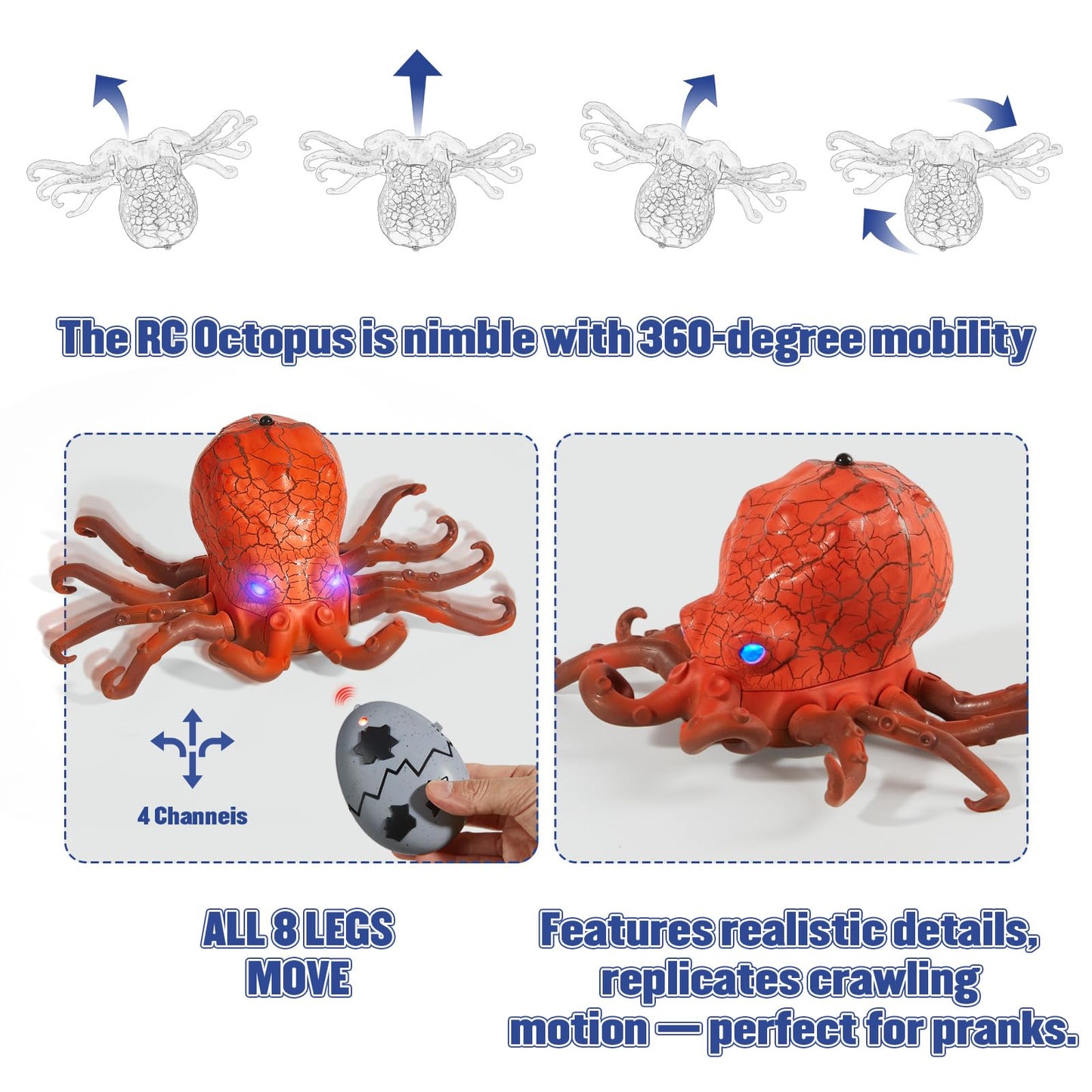 AMCHSURI Remote Control Octopus Toy with Blue LED Eyes – Realistic Crawling, 25 ft Range, Gift for Kids 6+