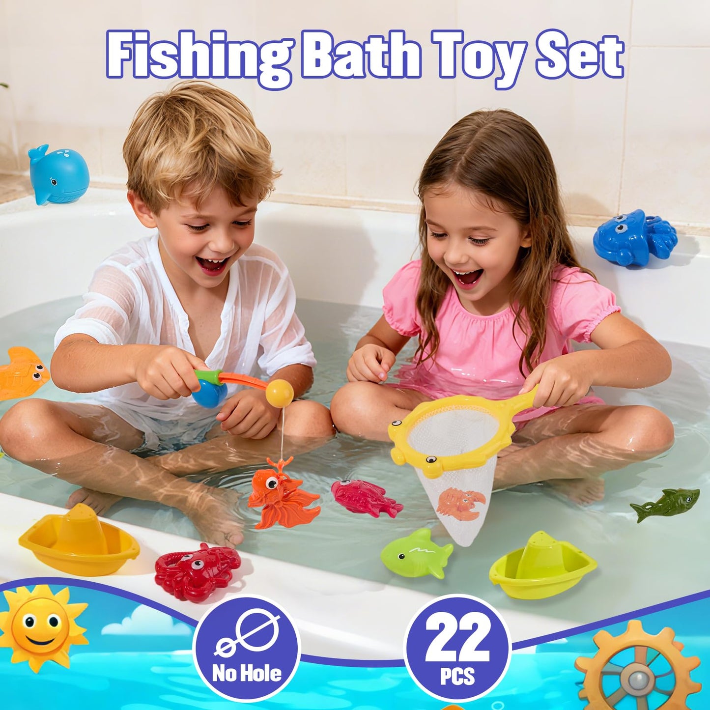 AMCHSURI 22-Piece Mold-Free Toddler Bath Toys Set with Fishing Poles & Net