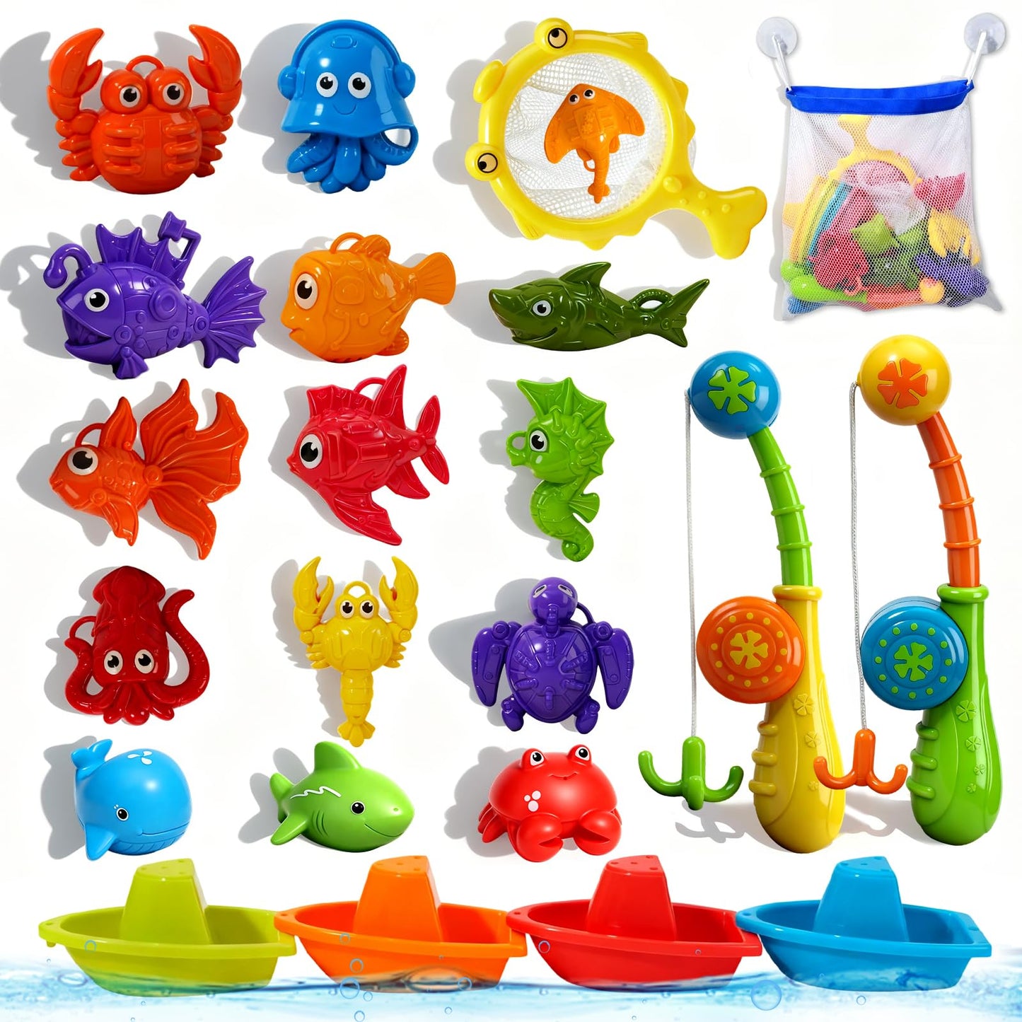 AMCHSURI 22-Piece Mold-Free Toddler Bath Toys Set with Fishing Poles & Net