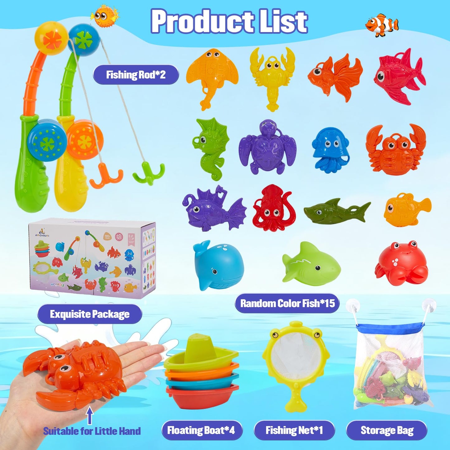 AMCHSURI 22-Piece Mold-Free Toddler Bath Toys Set with Fishing Poles & Net