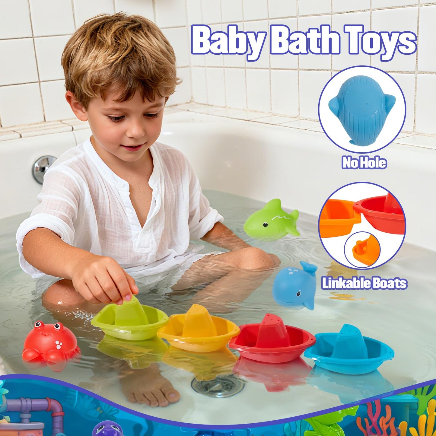 AMCHSURI 22-Piece Mold-Free Toddler Bath Toys Set with Fishing Poles & Net