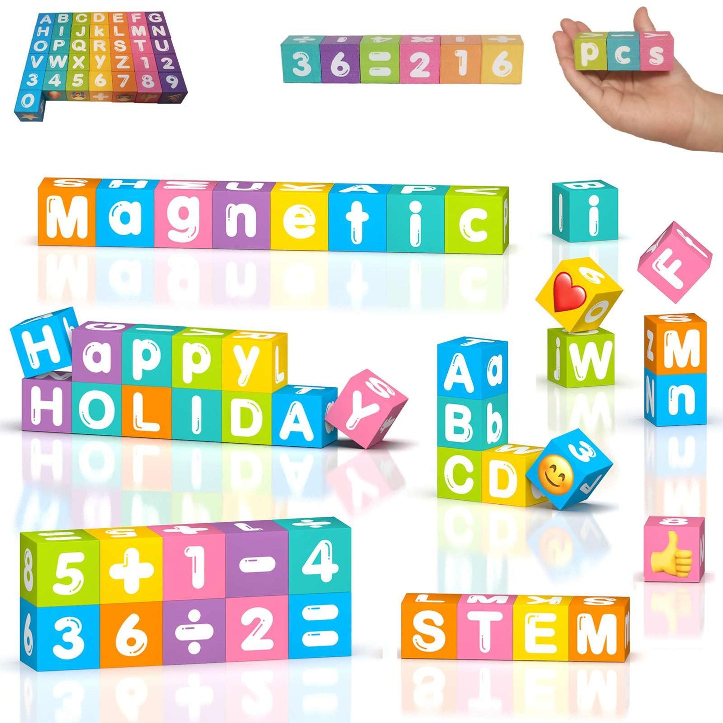 amdohai Portable Magnetic Letters Blocks | Alphabet & Numbers Learning Toy for Kids (36 Blocks, 8 Magnets Each)