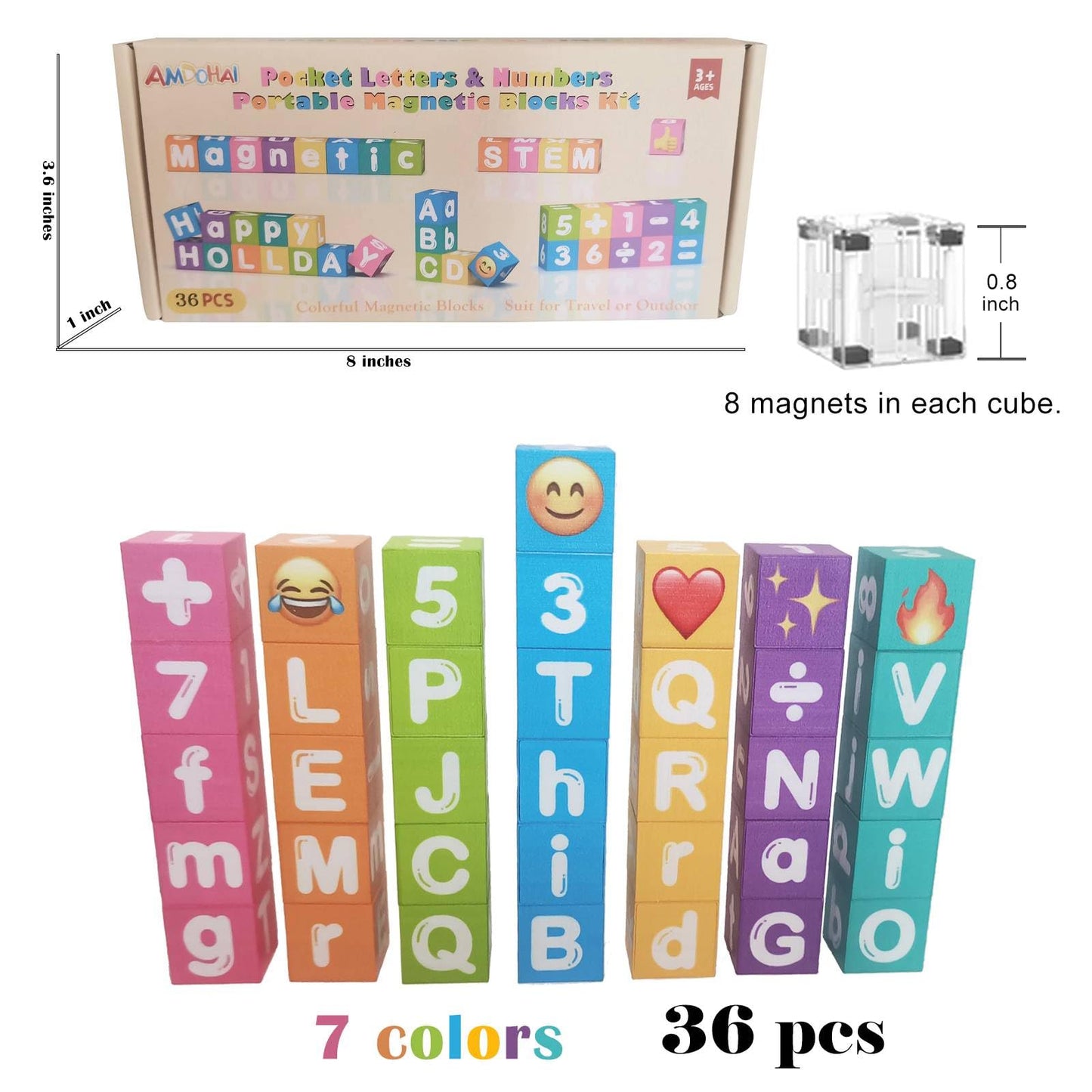 amdohai Portable Magnetic Letters Blocks | Alphabet & Numbers Learning Toy for Kids (36 Blocks, 8 Magnets Each)